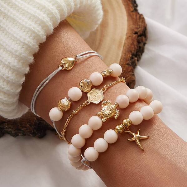 

5pcs Shell & Bead String Bracelets, Multicolor