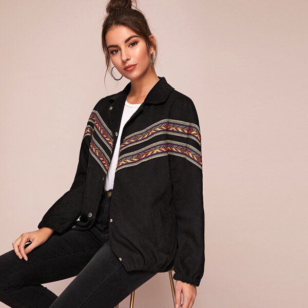 

Corduroy Chevron Tribal Panel Button Up Jacket, Black