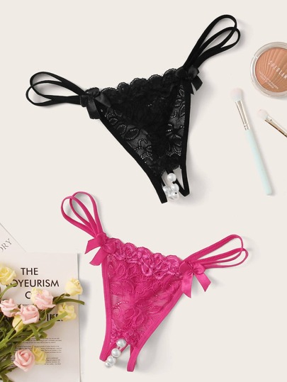 Spicy Aura 2 paquetes Conjunto de lencería con panties de encaje floral con decoración de perlas falsas