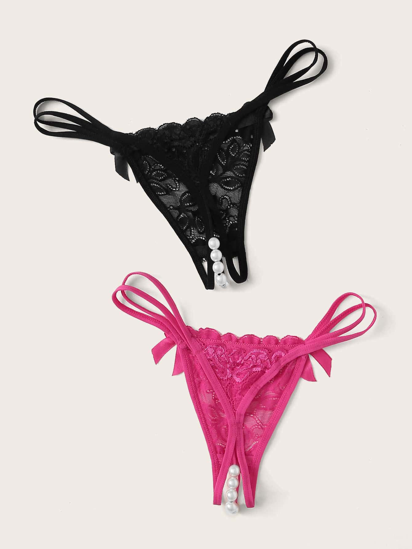 2packs Faux Pearl Decor Floral Lace Panty Set Lingerie