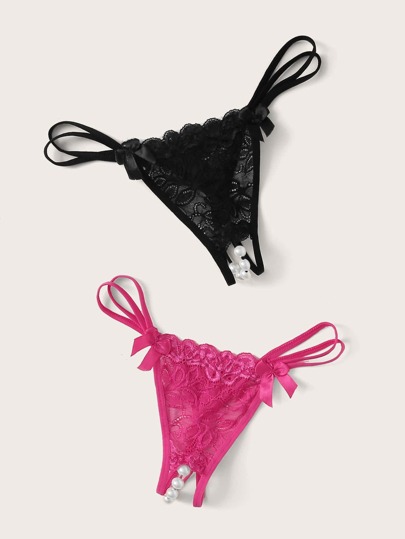 Spicy Aura 2packs Faux Pearl Decor Floral Lace Panty Set Lingerie