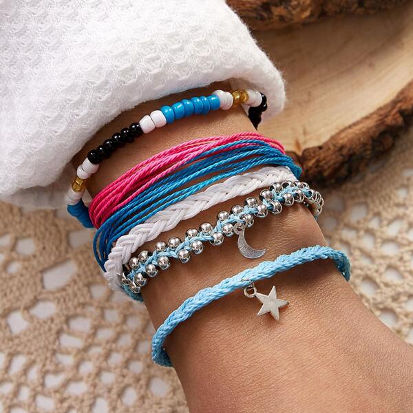 

6pcs Moon & Star Woven Bracelets, Multicolor