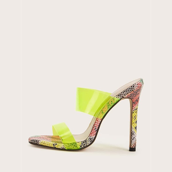 

Snakeskin Print Open Toe Stiletto Heeled Mules, Green
