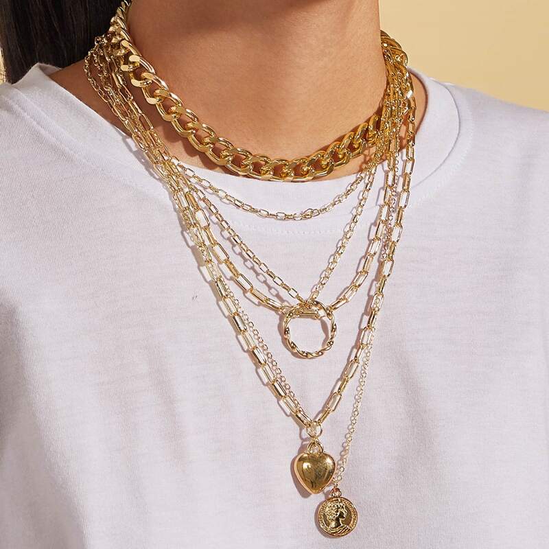 

1pc Heart Coin Charm Layered Necklace, Gold