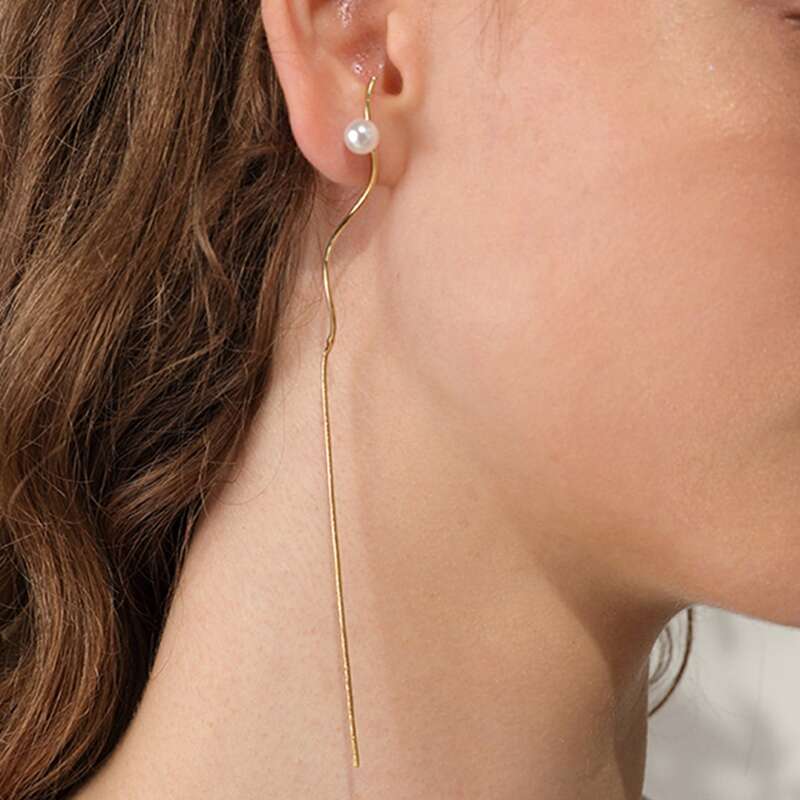 

1pair Line Faux Pearl Earring Jackets, Gold