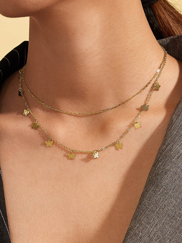 

1pc Butterfly Charm Layered Necklace, Gold