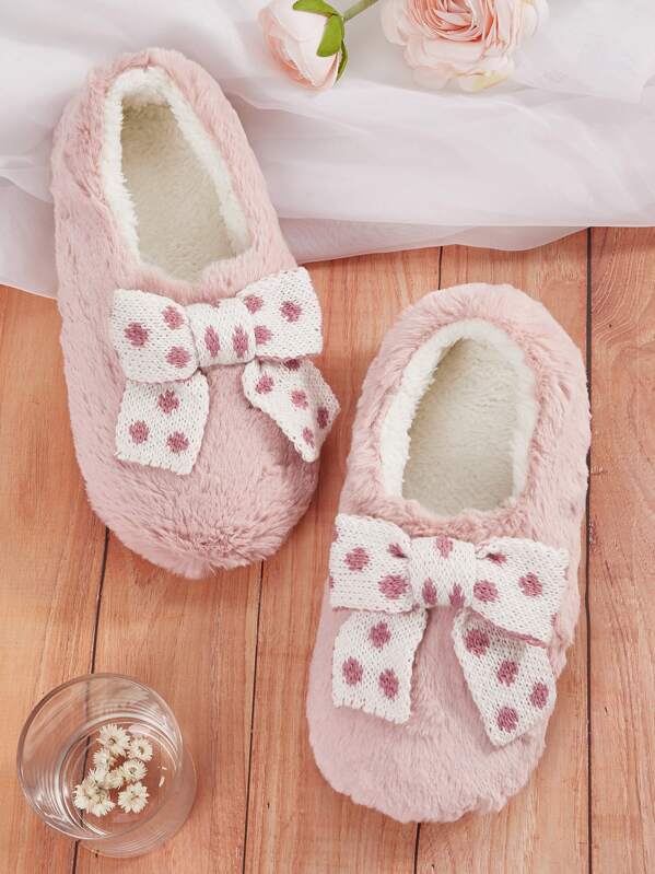 

Polka Dot Bow Decor Fluffy Slippers, Pink