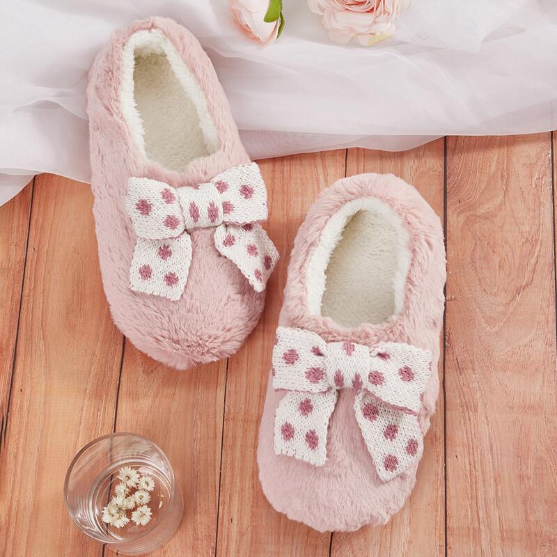 

Polka Dot Bow Decor Fluffy Slippers, Pink