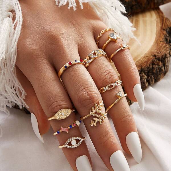 

11pcs Leaf & Eye Decor Ring, Gold