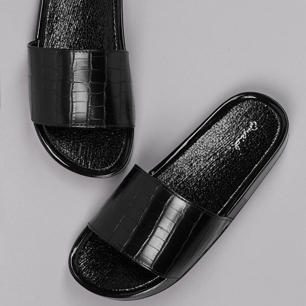 

Croc Embossed Open Toe Flatform Slide Sandals, Black