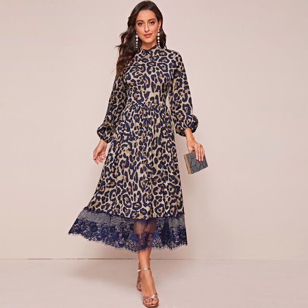 

Wide Waistband Lantern Sleeve Lace Hem Leopard Dress, Multicolor