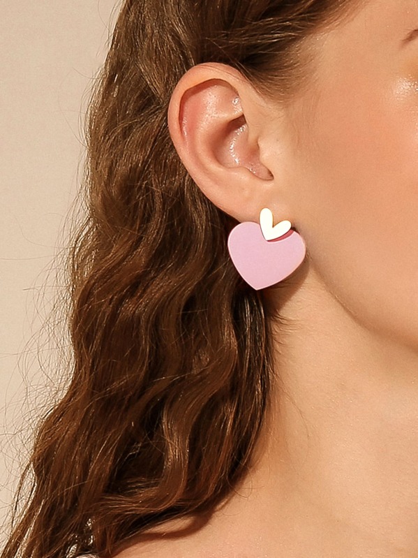 

1pair Two Tone Heart Drop Earrings, Pink