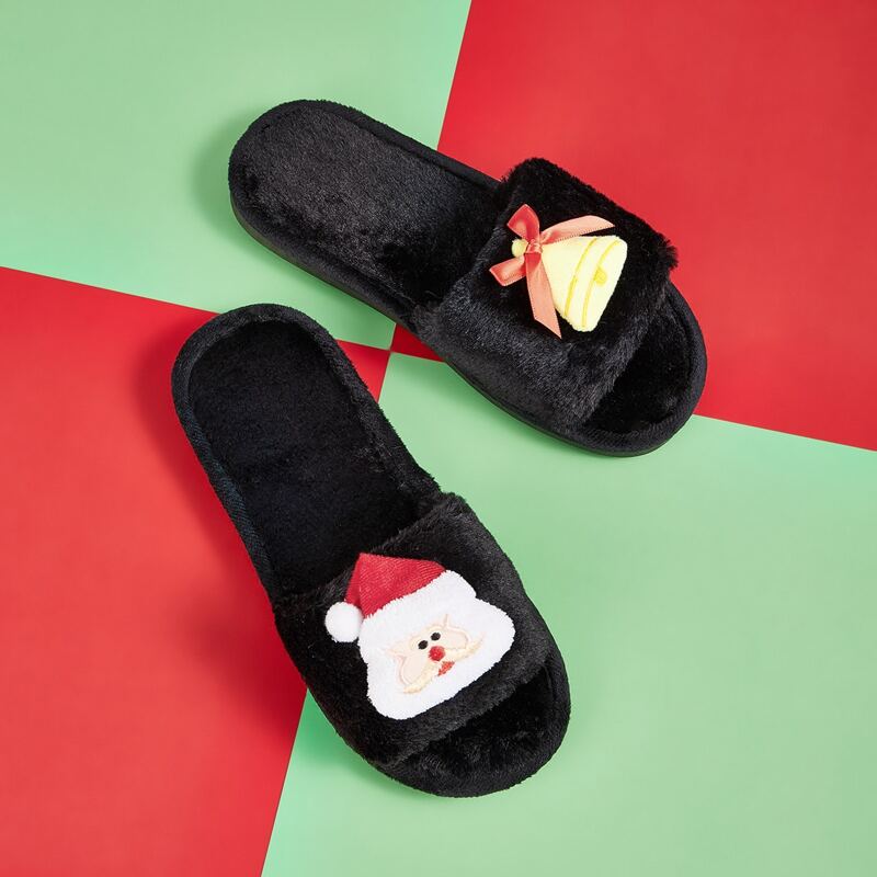 

Christmas Design Open Toe Fluffy Slippers, Black