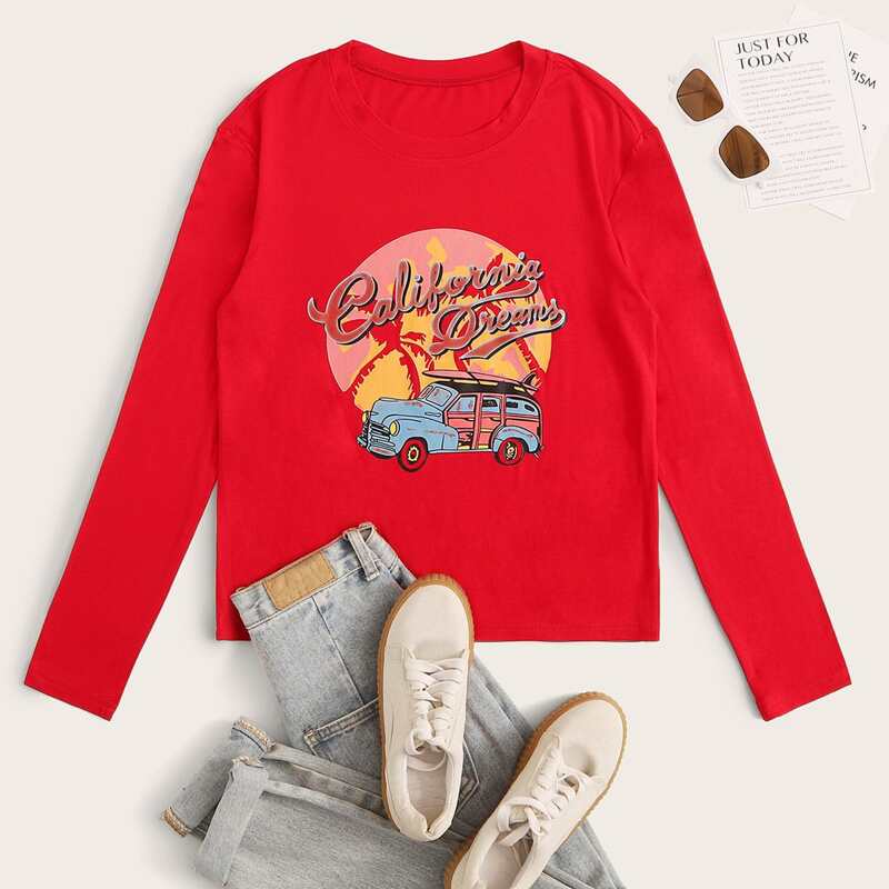 

Car & Letter Graphic Crew Neck Tee, Red