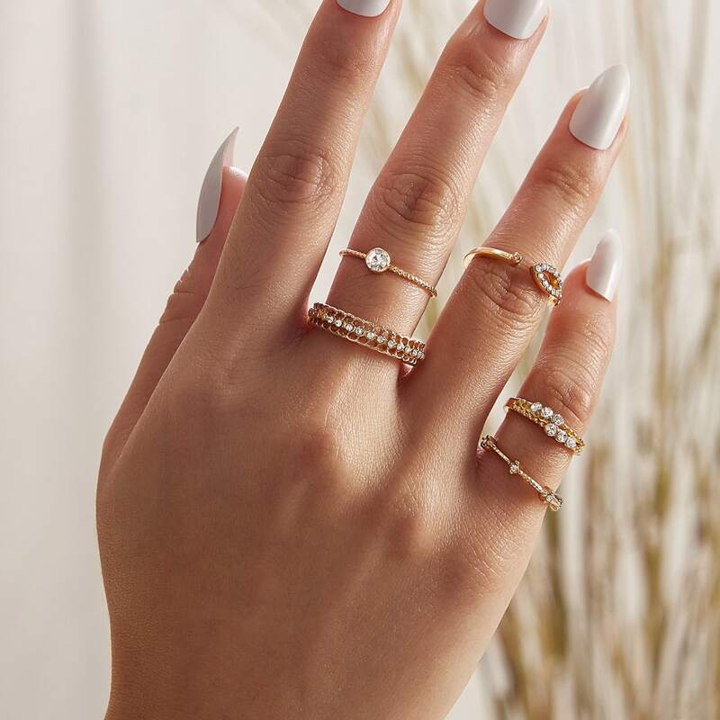 

5pcs Rhinestone Engraved Rings Set, Gold