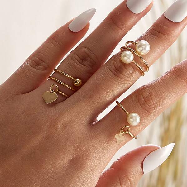 

3pcs Clover & Faux Pearl Decor Rings Set, Gold