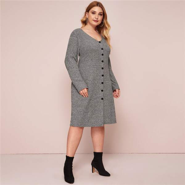 

Plus Button Through Space Dye Sweater Dress, Grey