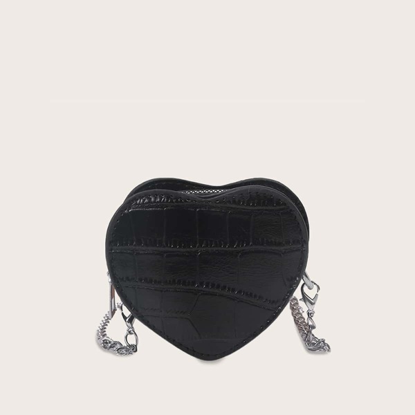 

Girls Heart Shaped Croc Embossed Chain Bag, Black