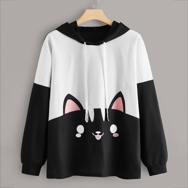 

Plus Cartoon Print Drawstring Detail Colorblock Hoodie, Black and white