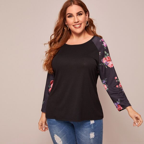 Plus Floral Print Raglan Sleeve Tee, Black