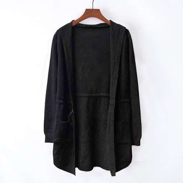 

Drawstring Waist Solid Hooded Cardigan, Black