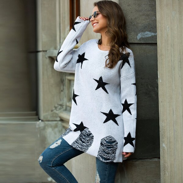 

Drop Shoulder Star Print Ripped Sweater, White