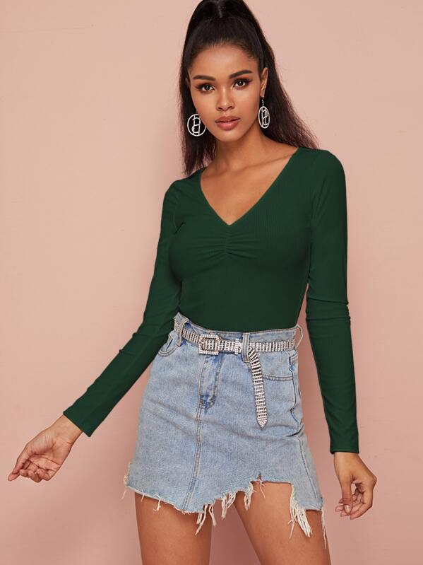 

V-neck Ruched Front Fitted Tee, Green, Tina