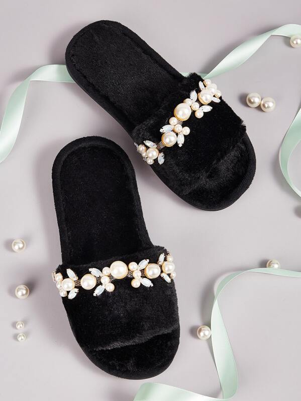 

Faux Pearl Decor Open Toe Fluffy Slippers, Black