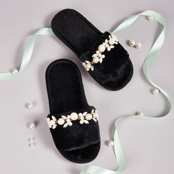 

Faux Pearl Decor Open Toe Fluffy Slippers, Black