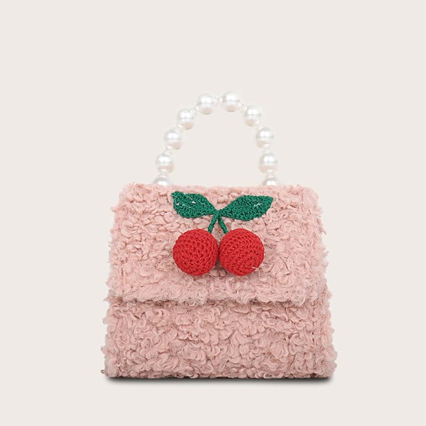 

Girls Faux Fur Fruit Decor Satchel Bag, Pink