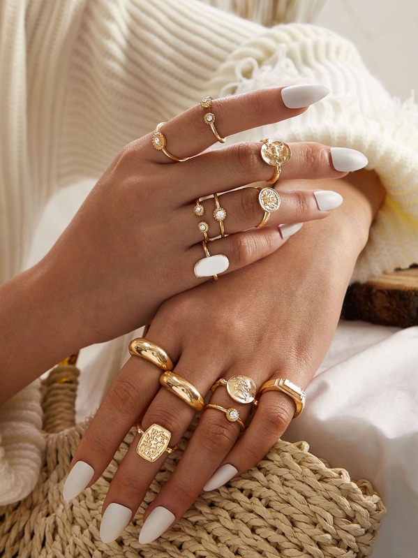 

13pcs Rhinestone Engraved Rings Set, Gold