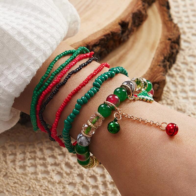 

7pcs Christmas Tree Charm Seed Bead Bracelet, Multicolor