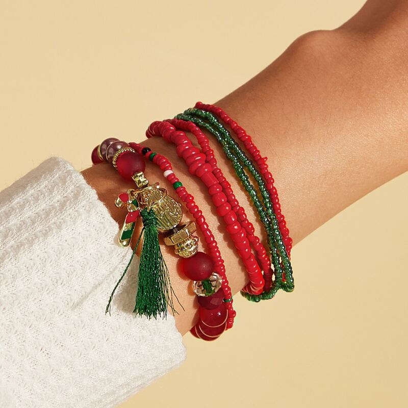 

7pcs Christmas Seed Bead Tassel Charm Bracelet, Multicolor