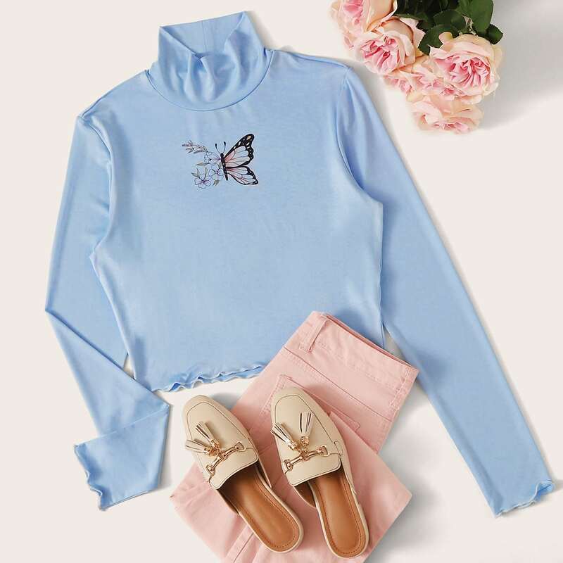 

Butterfly Print High Neck Crop Tee, Blue