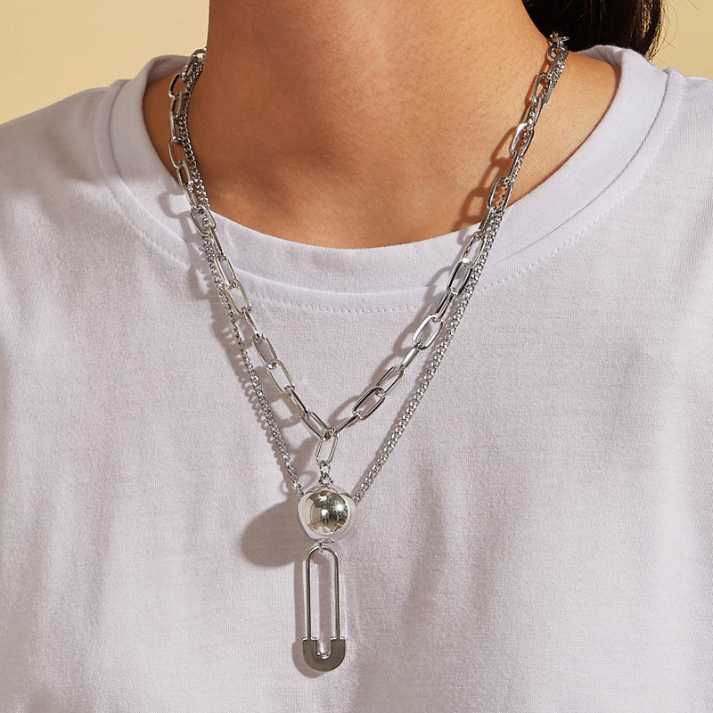 2pcs Paperclip & Ball Charm Chain Necklace, Silver
