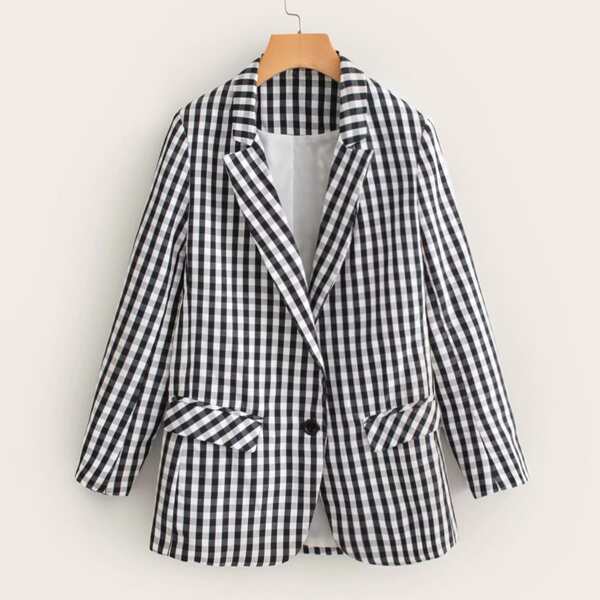 

Gingham Print Lapel Collar Blazer, Black and white