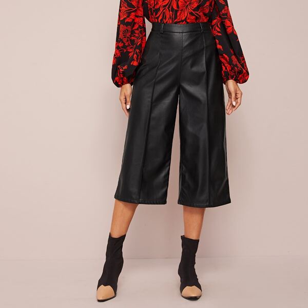 

Solid PU Leather Capri Pants, Black