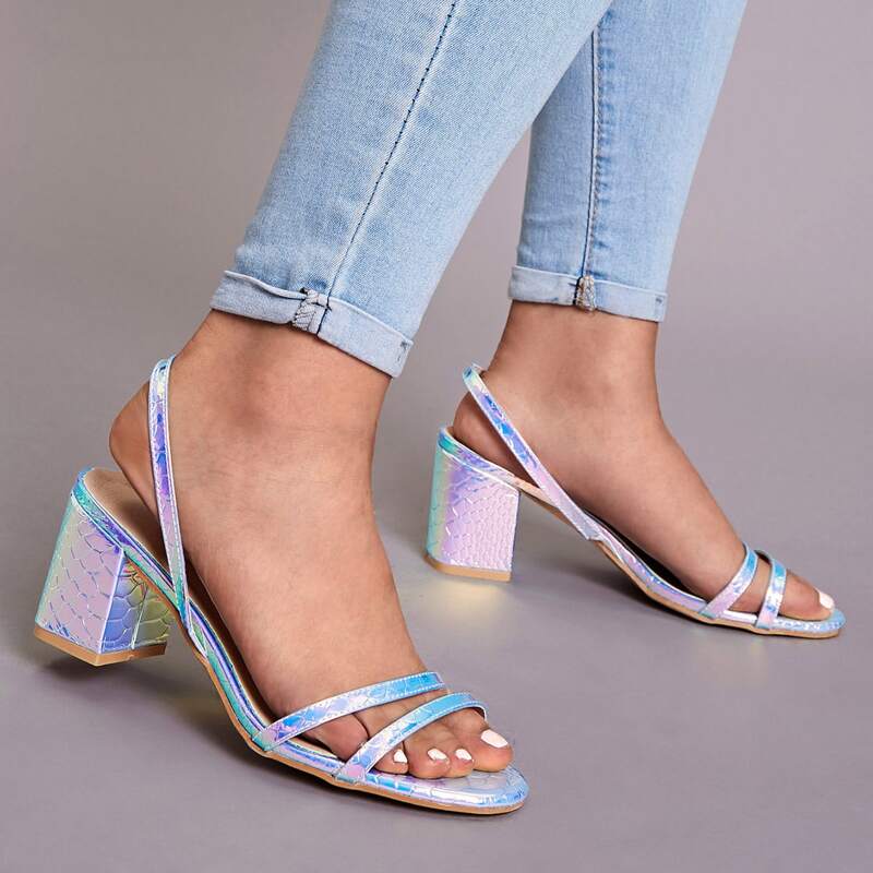 

Holographic Snakeskin Open Toe Chunky Heels, Multicolor