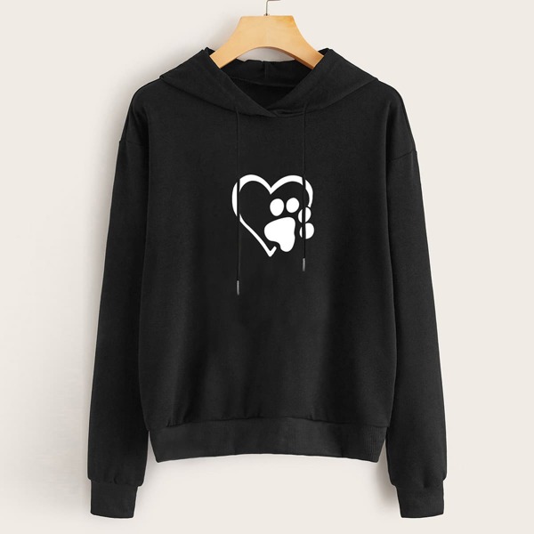 

Graphic Print Drawstring Hoodie, Black