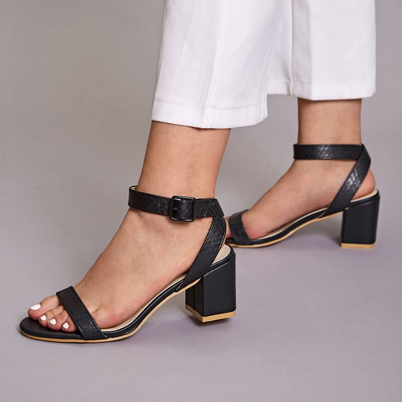 

Snakeskin Print Ankle Strap Chunky Heels, Black