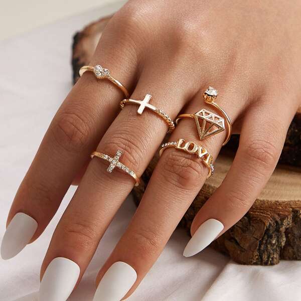 

5pcs Rhinestone Decor Cross Rings Set, Gold