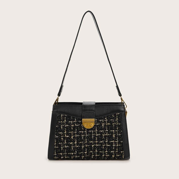 

Push Lock Tweed Shoulder Bag, Black