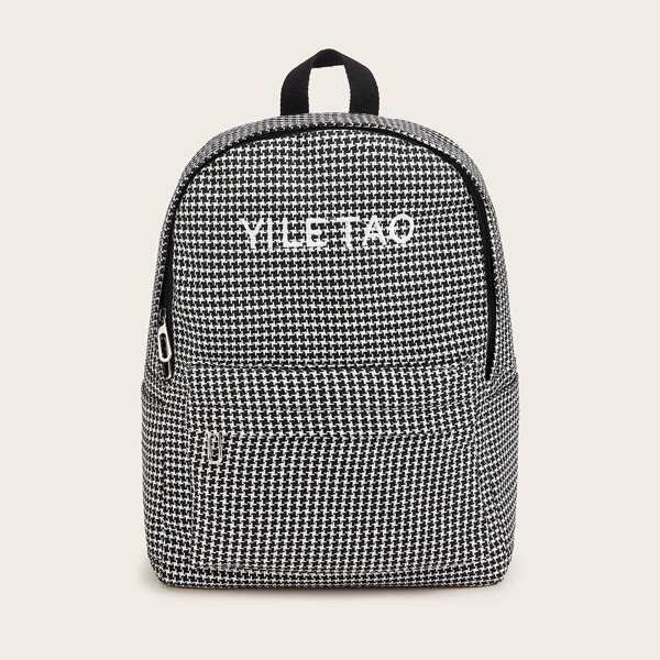 

Letter Embroidered Houndstooth Backpack, Black and white