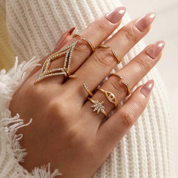 

8pcs Rhinestone Decor Ring, Gold