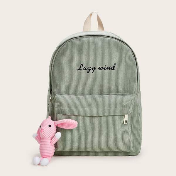 

Letter Embroidered Corduroy Backpack, Green