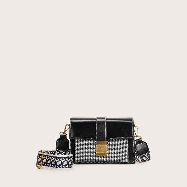 

Push Lock Houndstooth Panel Crossbody Bag, Black