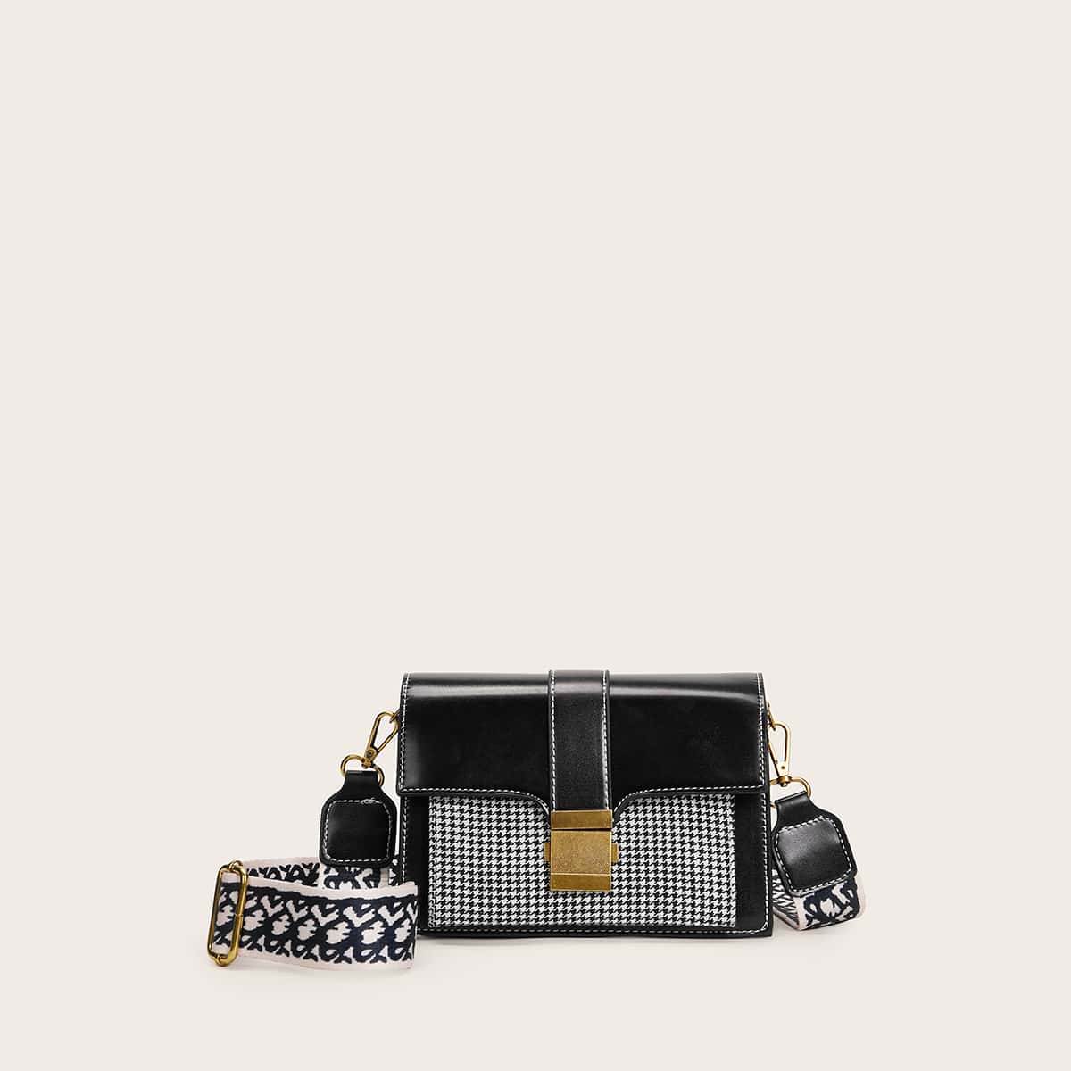 

Push Lock Houndstooth Panel Crossbody Bag, Black