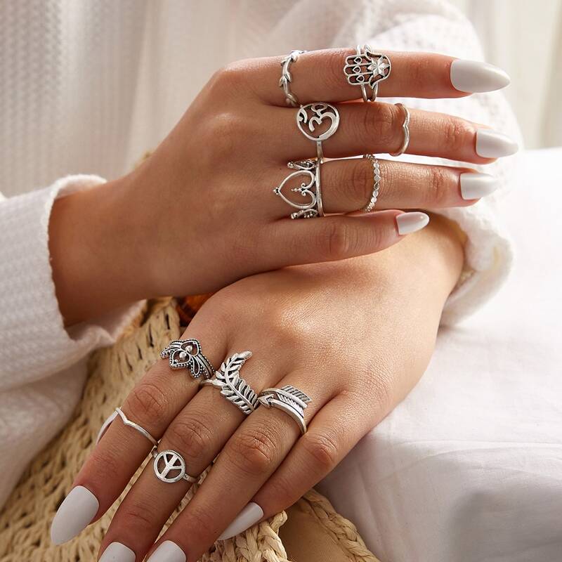 

11pcs Leaf & Heart Shaped Ring, Silver