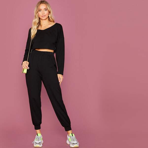

V-Neck Crop Top & High-Rise Joggers Set, Black