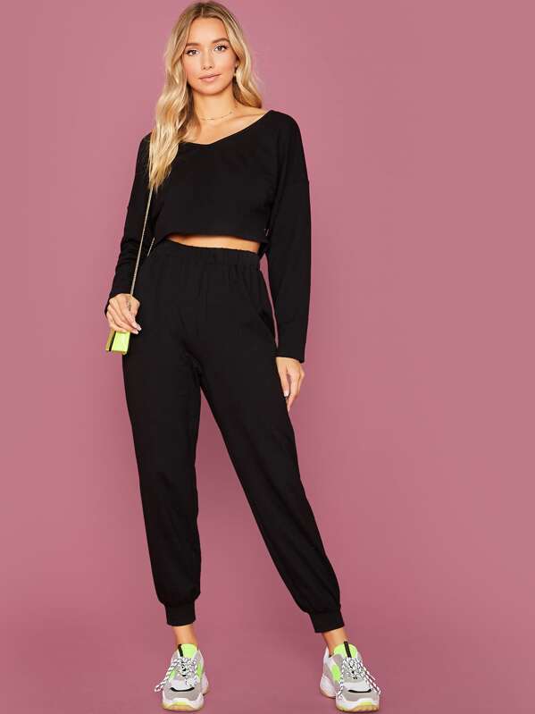 

V-neck Solid Top & Joggers Set, Black, Racquelle Lawrence